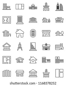 thin line vector icon set - university vector, school building, drawing compass, bank, stadium, hospital, home, cottage, chalet, barn, fence, plan, apartments, office, love, store, mall, window