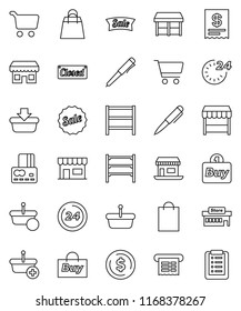 thin line vector icon set - pen vector, dollar coin, cart, credit card, office, shelving, sale, closed, 24 hour, shopping bag, market, store, mall, buy, receipt, basket, list
