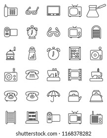 thin line vector icon set - washboard vector, kettle, hand mill, turk coffee, glasses, alarm clock, abacus, phone, umbrella, film frame, radio, tv, classic, video camera, sewing machine
