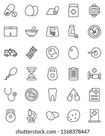 thin line vector icon set - egg vector, potato, clipboard, pills vial, weight, boxing glove, shorts, heart monitor, fitness mat, pregnancy, insemination, crutches, sand clock, stethoscope, bottle