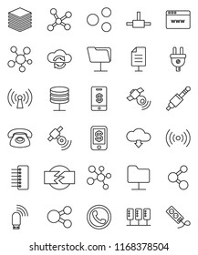 thin line vector icon set - molecule vector, satellitie, social media, jack, connect, network, server, folder, cloud exchange, big data, browser, hub, usb modem, share, download, document, wireless