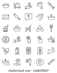 thin line vector icon set - cleaner trolley vector, foam basin, house hold, hand mill, mixer, blender, dollar coin, investment, trainer, muscule, boxing glove, traking, touchscreen, crutches, stop