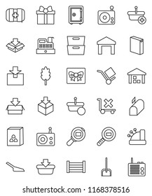 thin line vector icon set - scoop vector, washing powder, cereal, archive, safe, first aid kit, wood box, cargo, no trolley, warehouse, package, search, radio, mailbox, gift, cashbox, basket