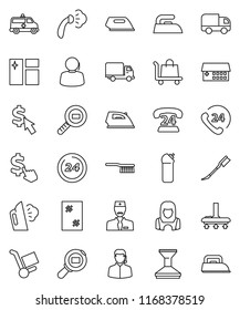 thin line vector icon set - vacuum cleaner vector, fetlock, car, window cleaning, iron, steaming, agent, woman, dollar cursor, phone 24, support, delivery, cargo search, hospital building, doctor