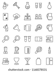 thin line vector icon set - scraper vector, window cleaning, oil, measuring cup, spices, jug, jar, magnifier, flask, glass, cargo search, vial, potion, cloud, client, coffee maker, blender