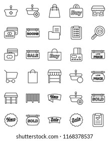 thin line vector icon set - credit card vector, cargo search, estate document, sale signboard, rooms, sold, low price, new, shopping bag, market, store, buy, barcode, basket, cart, list