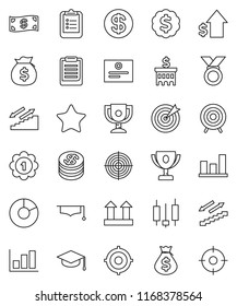 thin line vector icon set - graduate hat vector, clipboard, award cup, certificate, graph, pie, japanese candle, money bag, dollar growth, bank building, target, medal, stairways run, top sign, coin