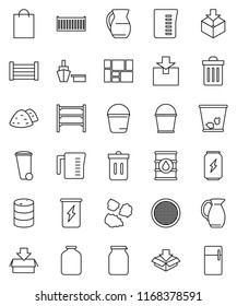 thin line vector icon set - bucket vector, trash bin, garbage pile, measuring cup, jug, sieve, jar, enegry drink, sea container, port, wood box, consolidated cargo, package, oil barrel, shelving
