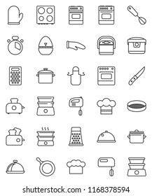 thin line vector icon set - pan vector, cook hat, apron, glove, timer, whisk, knife, grater, oven, double boiler, sieve, dish, mixer, multi cooker, toaster