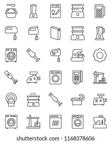 thin line vector icon set - washer vector, washing powder, mixer, double boiler, blender, tomography, gear, construction crane, card reader, dishwasher, coffee maker, meat grinder, sewing machine