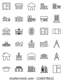 thin line vector icon set - university vector, school building, drawing compass, bank, stadium, dry cargo, hospital, home, chalet, barn, fence, plan, apartments, office, store, mall, window