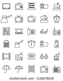 thin line vector icon set - washboard vector, hand mill, turk coffee, glasses, alarm clock, abacus, phone, umbrella, film frame, radio, tv, video camera, sewing machine