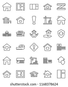 thin line vector icon set - house hold vector, school building, measuring, hospital, home, attention sign, cottage, barn, plan, love, construction crane, protect, mall, window