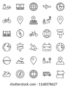 thin line vector icon set - camping cauldron vector, backpack, compass, school bus, world, bike, signpost, navigator, earth, map pin, Railway carriage, plane, ship, route, globe, mountain