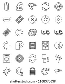 thin line vector icon set - washboard vector, toilet paper, plates, pie graph, pound, oxygen, disk, pills blister, gear, refresh, redo, loading, route arrow, relocation truck, 24 hour, washer