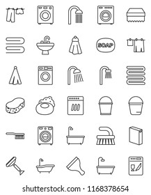 thin line vector icon set - soap vector, scraper, fetlock, bucket, sponge, towel, bath, drying clothes, washer, washing powder, shower, sink, dishwasher