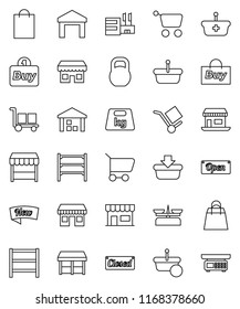 thin line vector icon set - office vector, cargo, warehouse, weight, shelving, new, open, closed, shopping bag, market, store, mall, buy, basket, cart, scales