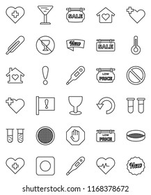 thin line vector icon set - sieve vector, heart pulse, prohibition sign, no alcohol, cross, attention, glass, rec button, thermometer, vial, undo, stop, sale signboard, low price, love home, new