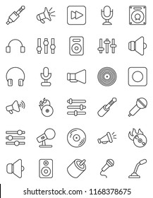 thin line vector icon set - disk vector, music hit, microphone, speaker, loudspeaker, settings, headphones, forward button, rec, rca, jack, equalizer