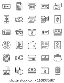thin line vector icon set - credit card vector, cash, coin stack, check, receipt, dollar calendar, money, wallet, reader, tap pay
