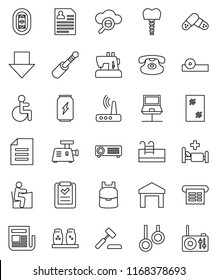 thin line vector icon set - window cleaning vector, spices, student, backpack, document, arrow down, personal information, enegry drink, gymnast rings, stadium, warehouse, newspaper, classic phone