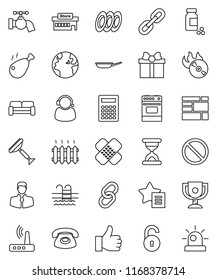 thin line vector icon set - scraper vector, water tap, pan, oven, plates, chicken leg, calculator, award cup, pills vial, pool, prohibition sign, earth, client, consolidated cargo, music hit, link