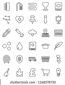 thin line vector icon set - broom vector, towel, water drop, shower, ladle, cookbook, pen, pencil, school bus, presentation, cart, tie, calendar, pound, target, heart cross, navigator, glass, hub
