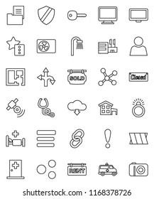 thin line vector icon set - route vector, attention, satellitie, monitor, link, stethoscope, hospital bed, amkbulance car, bandage, medical room, network, menu, shield, share, favorites, user, key