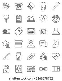thin line vector icon set - map pin vector, phone 24, calendar, clipboard, top sign, dialog, rca, disabled, heart pulse, cross, thermometer, scalpel, pills bottle, tooth, implant, head bandage, menu