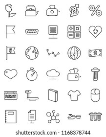 thin line vector icon set - washing powder vector, kettle, copybook, molecule, flag, constellation, dollar, stopwatch, t shirt, heart cross, earth, port, tulip, big scales, internet, hdmi, document