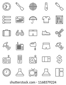 thin line vector icon set - spatula vector, mixer, glasses, abacus, case, clock, tie, dollar sign, snickers, shorts, t shirt, target, calendar, umbrella, radio, satellitie, scissors, menu, hood, tv