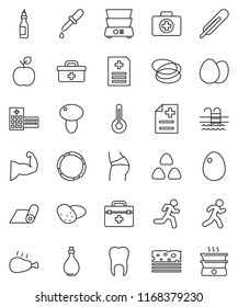 thin line vector icon set - oil vector, double boiler, cereal, egg, mushroom, potato, chicken leg, apple fruit, muscule hand, buttocks, fitness mat, breads, pool, first aid kit, hoop, run, dropper