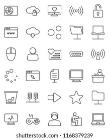 thin line vector icon set - trash bin vector, student, heart monitor, support, gamepad, favorites, hdmi, diagnostic, server, notebook network, folder, cloud lock, browser, share, arrow, download, pc