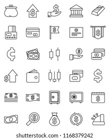 thin line vector icon set - certificate vector, bank, exchange, gold ingot, japanese candle, credit card, wallet, cash, money bag, investment, dollar growth, search, flag, safe, calendar, cent sign
