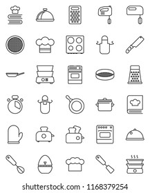 thin line vector icon set - pan vector, cook hat, apron, glove, timer, whisk, spatula, knife, grater, oven, double boiler, cookbook, sieve, dish, mixer, toaster