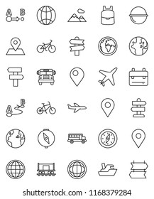 thin line vector icon set - camping cauldron vector, backpack, compass, school bus, world, bike, signpost, earth, map pin, Railway carriage, plane, ship, route, globe, mountain