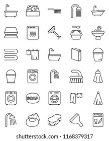 thin line vector icon set - soap vector, scraper, fetlock, bucket, sponge, towel, bath, drying clothes, washer, washing powder, shower, sink, dishwasher