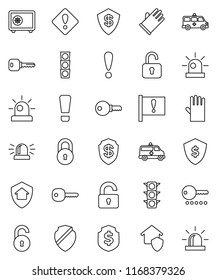 thin line vector icon set - rubber glove vector, dollar shield, safe, attention, traffic light, amkbulance car, lock, unlock, key, sign, siren, home protect, password