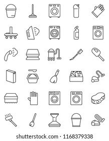 thin line vector icon set - broom vector, vacuum cleaner, mop, bucket, sponge, car fetlock, steaming, washer, washing powder, cleaning agent, rubber glove