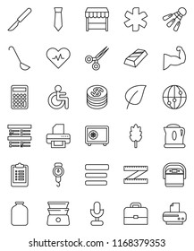 thin line vector icon set - scales vector, ladle, double boiler, jar, cereal, case, leaf, exam, gold ingot, calculator, tie, safe, measuring, clipboard, muscule hand, shuttlecock, microphone, menu