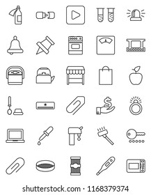 thin line vector icon set - vacuum cleaner vector, toilet brush, kettle, oven, sieve, pasta, apple fruit, bell, notebook pc, paper pin, investment, scales, film frame, play button, thermometer, vial