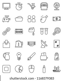 thin line vector icon set - window cleaning vector, foam basin, plates, water closet, kettle, cook timer, hand mill, mixer, toaster, jug, chicken leg, pen, pie graph, punching bag, no trolley, vial