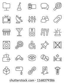 thin line vector icon set - office vector, wood box, glass, package, cargo search, satellite antenna, settings, dialog, speaker, group, thumbtack, disabled, flask, pills, chromosomes, hospital bed