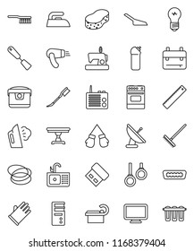 thin line vector icon set - fetlock vector, rake, scoop, sponge, car, iron, steaming, cleaning agent, rubber glove, sink, spatula, oven, ruler, backpack, boxing, hoop, gymnast rings, hdmi, table