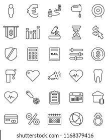 thin line vector icon set - skimmer vector, mixer, microscope, dollar coin, target, man, sand clock, flag, calendar, cursor, euro sign, heart pulse, clipboard, protected, route, equalizer, tooth