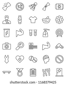 thin line vector icon set - liquid soap vector, clipboard, muscule hand, swimsuite, t shirt, skateboard, target, medal, enegry drink, heart monitor, shuttlecock, prohibition sign, first aid kit