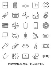 thin line vector icon set - satellite antenna vector, cinema clap, film frame, disk, microphone, radio, satellitie, settings, video camera, remote control, internet, mobile phone, dialog, link, hub