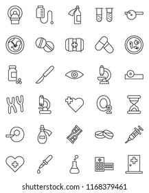 thin line vector icon set - pills vial vector, heart cross, first aid kit, oxygen, flask, eye, pregnancy, insemination, syringe, dropper, crutches, scalpel, sand clock, doctor hat, microscope