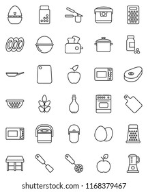 thin line vector icon set - pan vector, camping cauldron, oil, colander, cook timer, press, skimmer, spatula, cutting board, grater, microwave oven, plates, egg, steak, apple fruit, pills vial