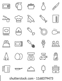 thin line vector icon set - pan vector, kettle, oil, measuring cup, scales, cook hat, towel, timer, press, whisk, skimmer, knife, rolling pin, hand mill, microwave oven, cookbook, spices, jug, dish